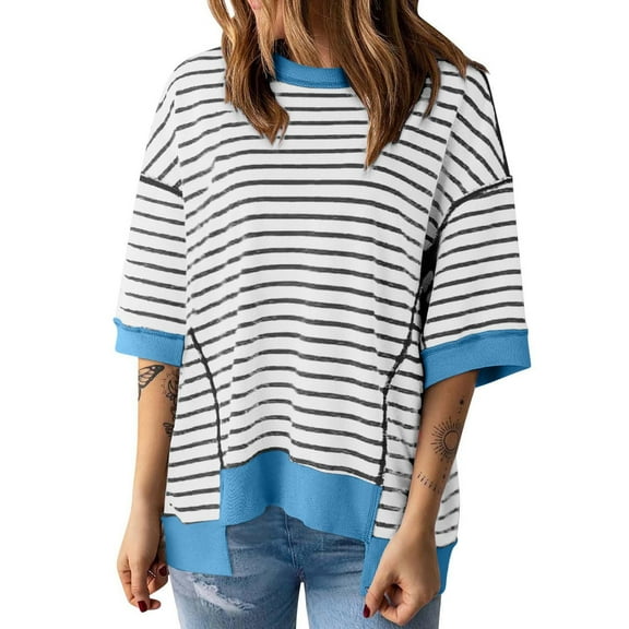 Delayuji Women's Casual Round Neck Short Sleeved Striped Color Blocked Hem Off Shoulder Fashionable Pullover T Shirt Blue Xxl Blended Fabric Short Sleeve Shirts for Women