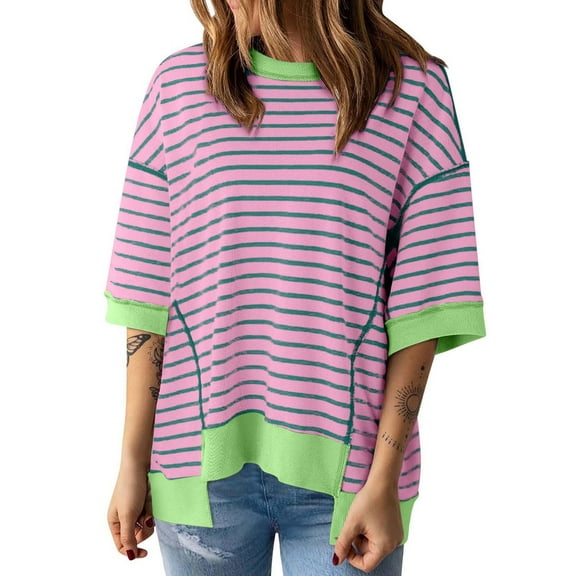 Delayuji Women's Casual Round Neck Short Sleeved Striped Color Blocked Hem Off Shoulder Fashionable Pullover T Shirt Green Xl Blended Fabric Short Sleeve Shirts for Women