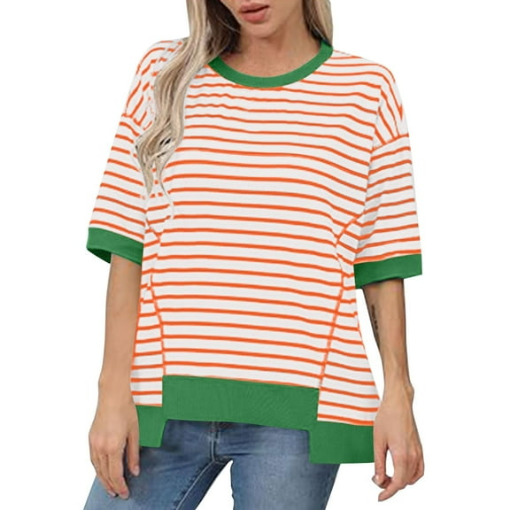 Delayuji Women's Casual Round Neck Short Sleeved Striped Color Blocked Hem Off Shoulder Fashionable Pullover T Shirt Orange L Blended Fabric Short Sleeve Shirts for Women