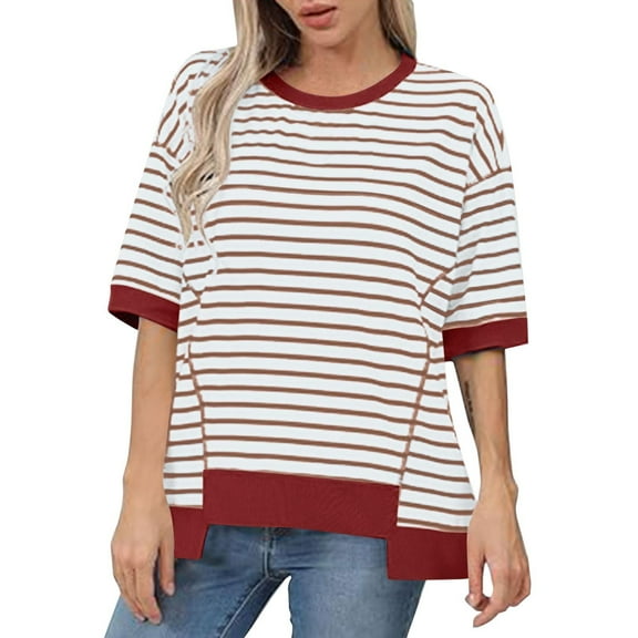 Delayuji Women's Casual Round Neck Short Sleeved Striped Color Blocked Hem Off Shoulder Fashionable Pullover T Shirt Red L Blended Fabric Short Sleeve Shirts for Women