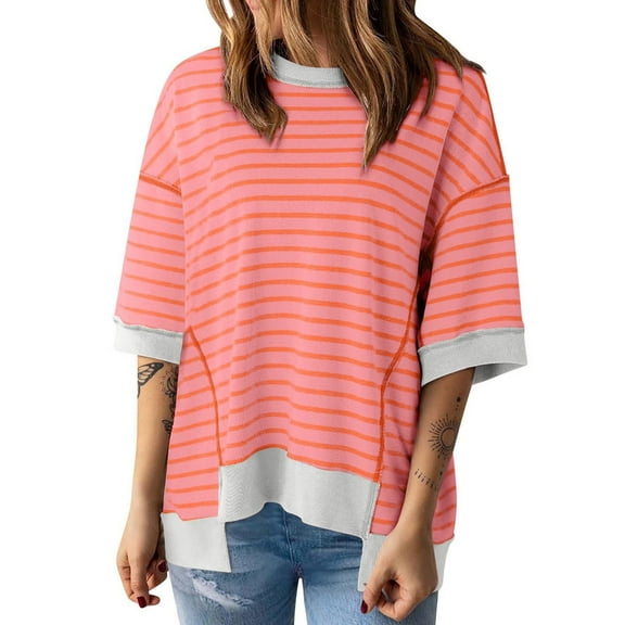 Delayuji Women's Casual Round Neck Short Sleeved Striped Color Blocked Hem Off Shoulder Fashionable Pullover T Shirt Red S Blended Fabric Short Sleeve Shirts for Women