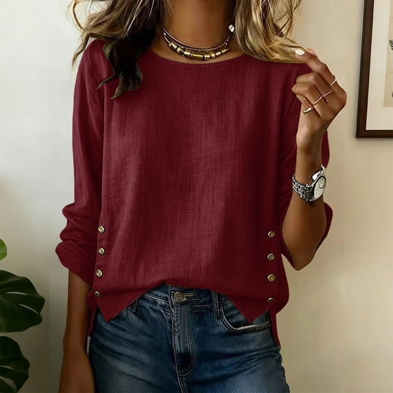 Delayuji Women's Cotton Linen Shirt Round Neck Long Sleeve Shirt with Button Fashion Solid Color Loose Summer Tops Business Casual Outfits