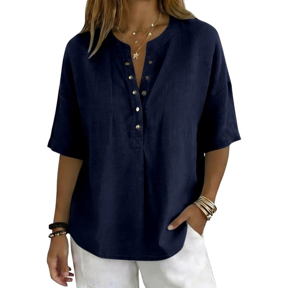 Delayuji Women's Cotton Linen Shirt Short Sleeve Blouse V Neck Button ...
