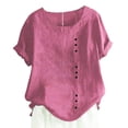 thumbnail image 1 of Delayuji Women's Cotton Linen Shirts Summer Casual Boho Floral Short Sleeve Blouse Oversized Loose Ladies Tunic Tops Pink L Flax Short Sleeve Shirts for Women, 1 of 4