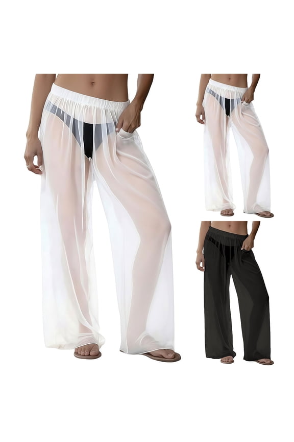 Women's Cover Up Pants Transparency Mesh Chiffon Beach Pants Wide Leg Pant Bikini Bottom Cover Up