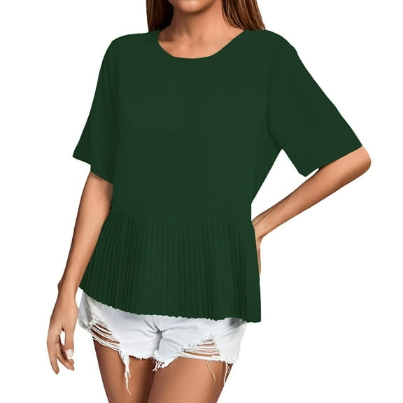 Delayuji Women's Crew Neck Pleated Loose Short Sleeved Pleated Shirt Casual Top Green M Polyester,Spandex Short Sleeve Shirts for Women