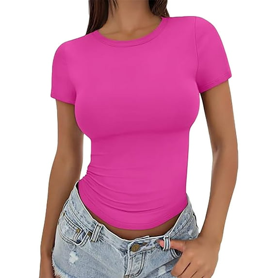 Delayuji Women's Crop T Shirt Summer Pullover Top Women's Thin Round Neck Fashion Short Sleeves Red L Polyester,Spandex Short Sleeve Shirts for Women