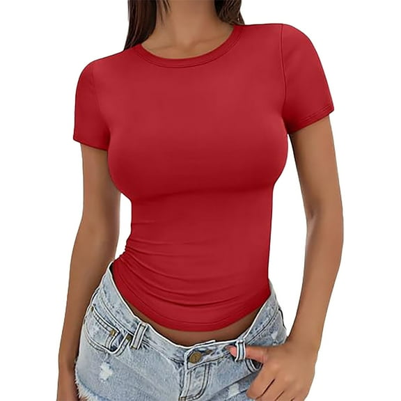 Delayuji Women's Crop T Shirt Summer Pullover Top Women's Thin Round Neck Fashion Short Sleeves Red Xl Polyester,Spandex Short Sleeve Shirts for Women
