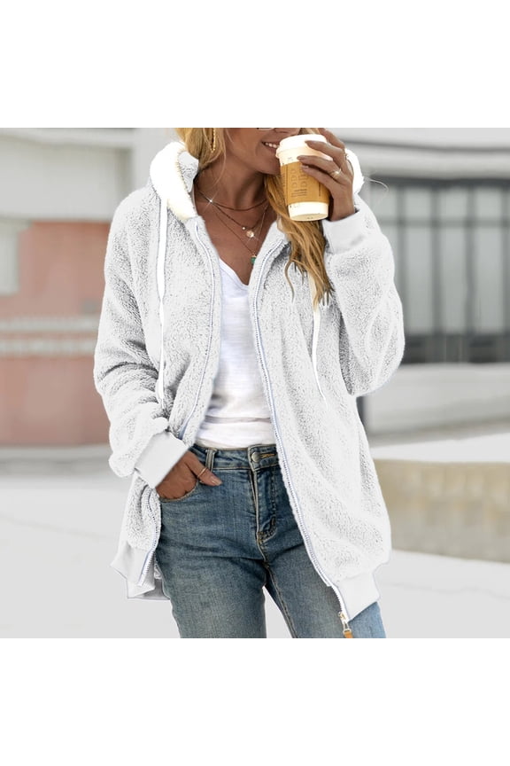 Women's Fleece Jackets Fleece Jacket Women Women's Solid Color Sweatershirt Hooded Pullover Warm Wool Plush Coat Zipper Top White L