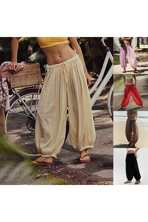 Women's Harem Pant Lightweight Wide Leg Pants Casual Loose Linen Pant Trousers Elastic Cuffs Balloon Pants Beach Vacation