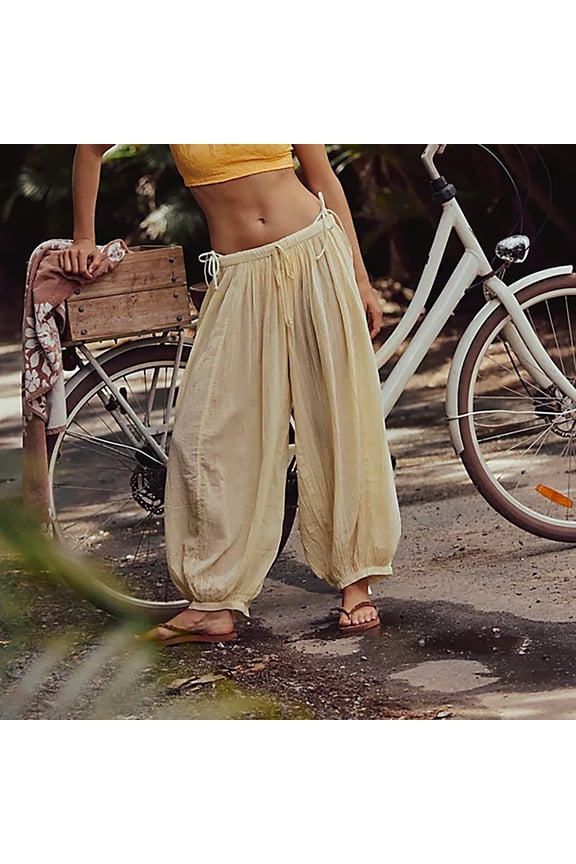 Women's Harem Pant Lightweight Wide Leg Pants Casual Loose Linen Pant Trousers Elastic Cuffs Balloon Pants Beach Vacation