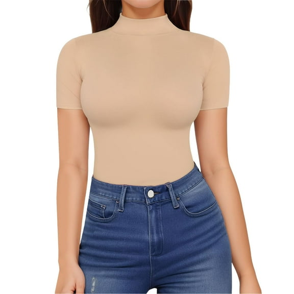 Delayuji Women's High Neck Basic Short Sleeved Summer Dress Casual Summer T Shirt Top Beige S Polyester,Spandex Short Sleeve Shirts for Women