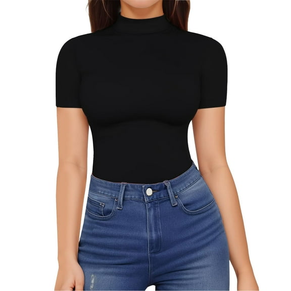 Delayuji Women's High Neck Basic Short Sleeved Summer Dress Casual Summer T Shirt Top Black Xxl Polyester,Spandex Short Sleeve Shirts for Women