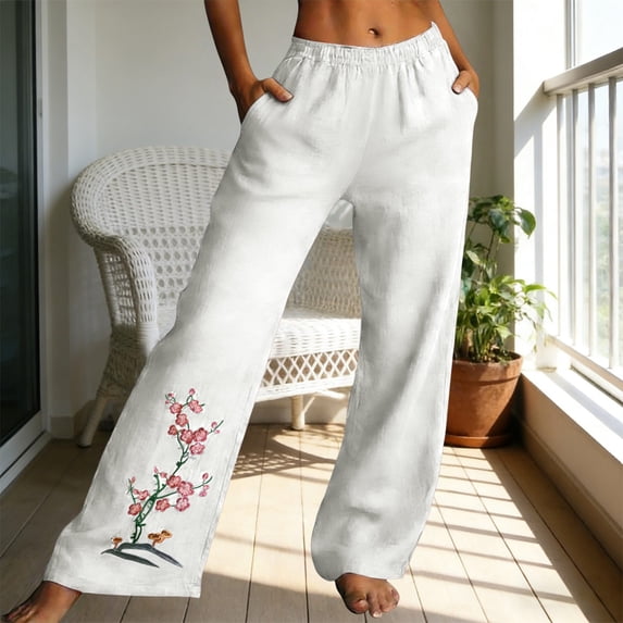 Delayuji Women's Linen Pants Embroidered Wide Leg Pant Trousers Breathable Loose Cotton Linen Pants