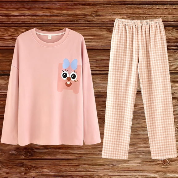 Delayuji Women's Long Sleeve Pajama PJ Set Soft Cute Cartoon Printed Sleepwear Loungewear Long Sleeve Top and Pants 2 Piece PJ Sets M-5XL