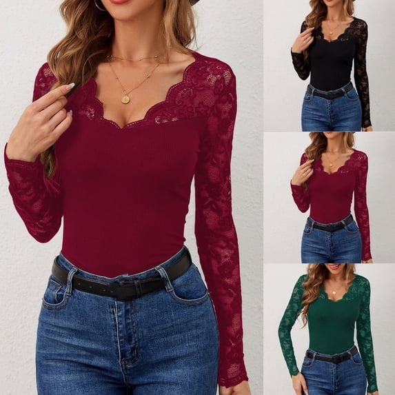 Delayuji Women's Long Sleeve Shirt Basic Layer Spring Solid Color V Neck Lace Mesh Sleeve Splicing Slim Fit Long Sleeved T Shirt Green