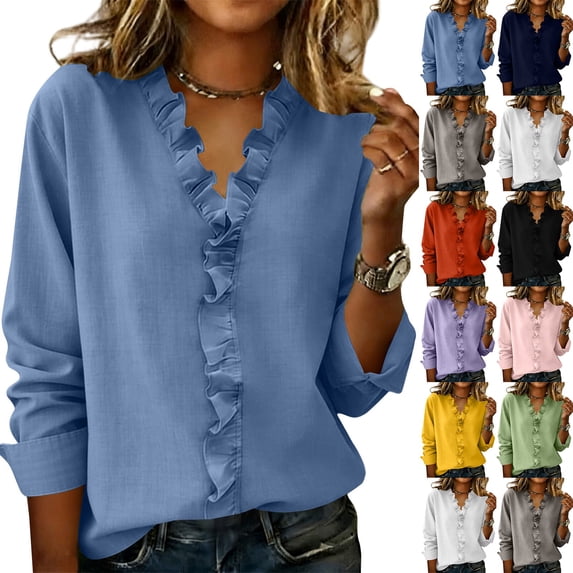 Delayuji Women's Long Sleeve Shirt V Neck Blouse for Women Casual Loose Fit Ruffled Trim Shirt Work Tops Business Casual Top