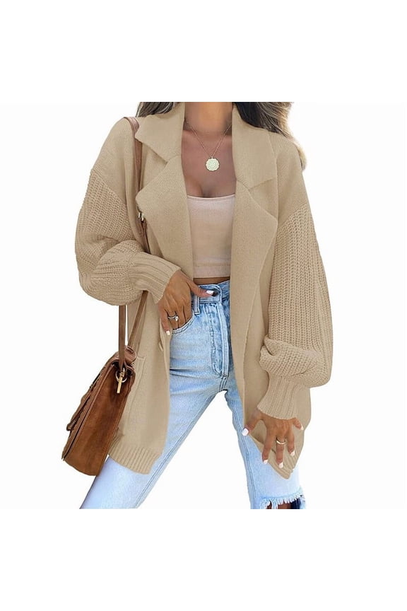 Women's Long Sleeve Sweater Coat Collared Coat Open Front Knit Cardigan Sweaters Oversized Coat With Pockets