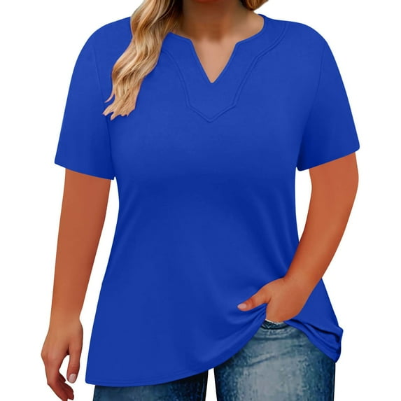 Delayuji Women's Loose Plus Size V Neck Solid Color Short Sleeved T Shirt Top Blue L Polyester,Spandex Short Sleeve Shirts for Women