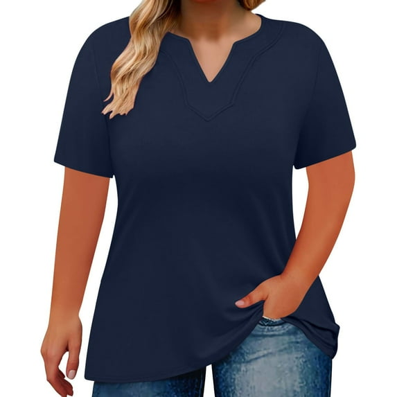 Delayuji Women's Loose Plus Size V Neck Solid Color Short Sleeved T Shirt Top Blue Xxxl Polyester,Spandex Short Sleeve Shirts for Women