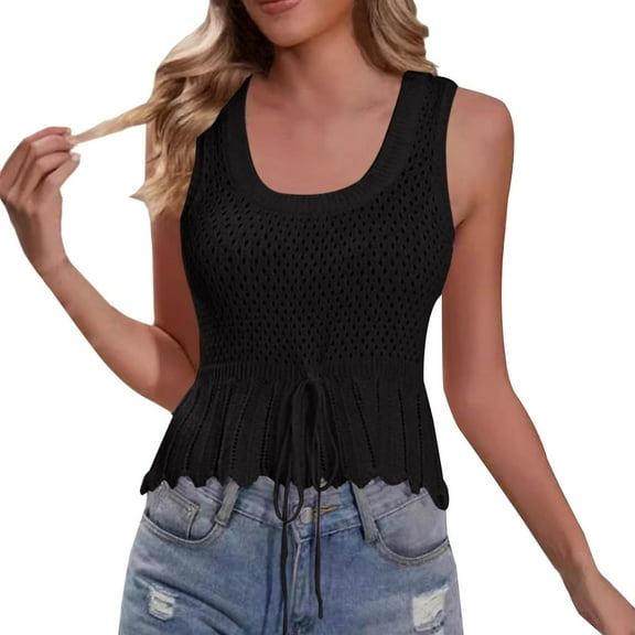 Delayuji Women's New Vacation Style Slim Fit Short U Neck Hollowed Out Solid Color Vest for Wearing Outside Knitted Top Black S Blended Fabric Spring Tops for Women