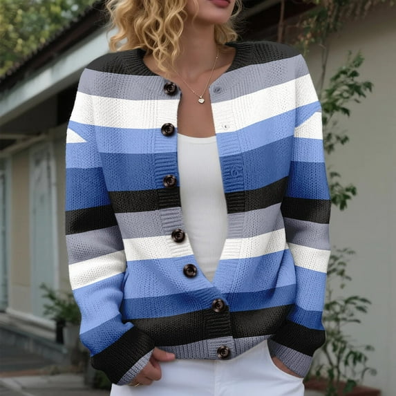 Delayuji Women's Open Front Cardigans Sweater Cute Striped Print Sweaters Crew Neck Button Down Cardigan Spring Trendy Fall Tops Coat