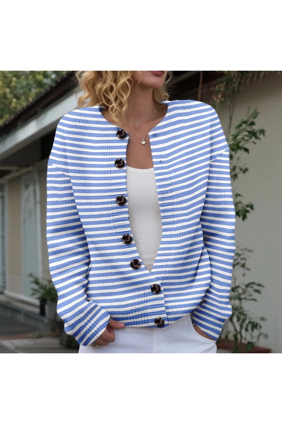 Women's Open Front Cardigans Sweater Cute Striped Print Sweaters Crew Neck Button Down Cardigan Spring Trendy Fall Tops Coat
