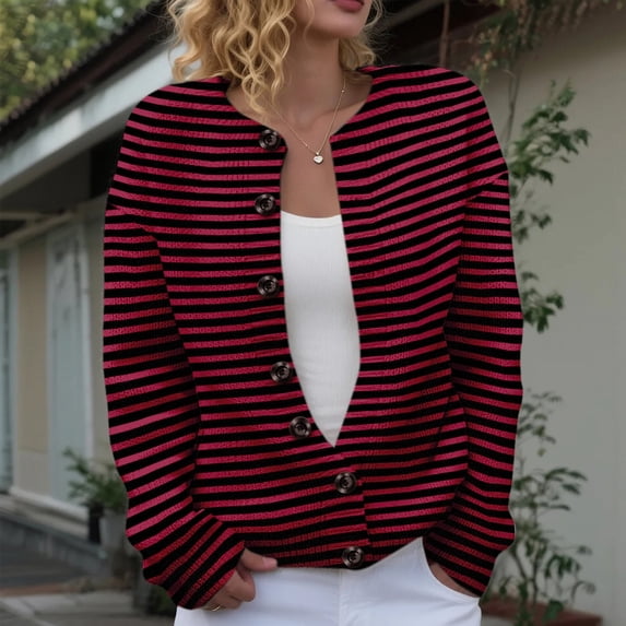 Delayuji Women's Open Front Cardigans Sweater Cute Striped Print Sweaters Crew Neck Button Down Cardigan Spring Trendy Fall Tops Coat
