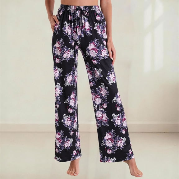 Delayuji Women's Pajama Pants Flower Printed Soft Casual Wide Leg Pants Sleepwear Bottoms With Pockets