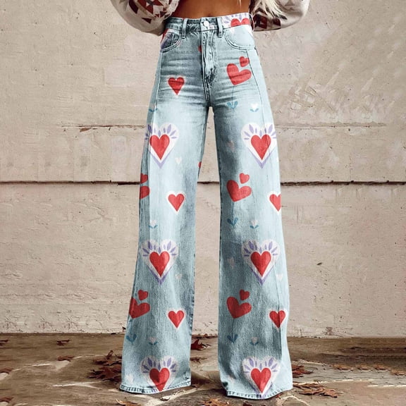 Delayuji Women's Pants Heart Printed Casual Wide Leg Pants Valentine's Day