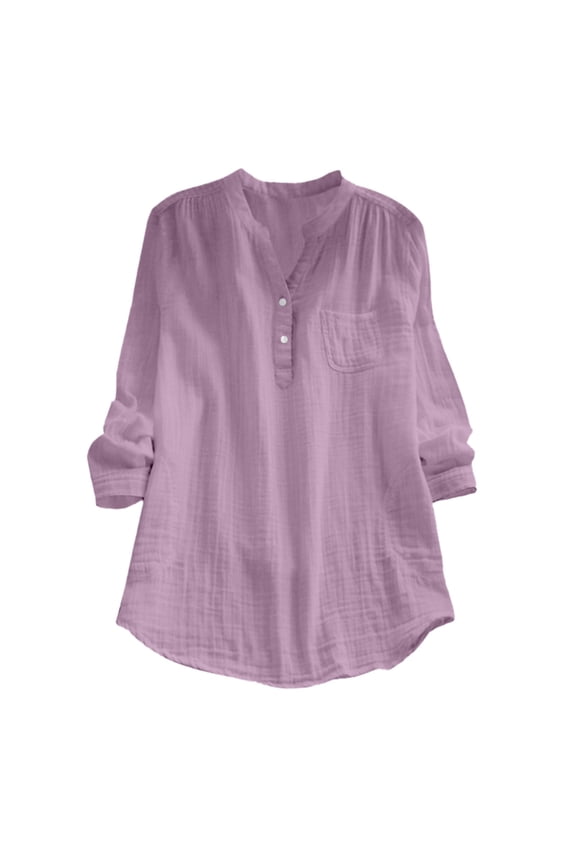 Women's Pocket Solid Color V Neck Cotton Long Sleeved Loose Casual Shirt Purple M Nylon,Spandex Short Sleeve Shirts for Women