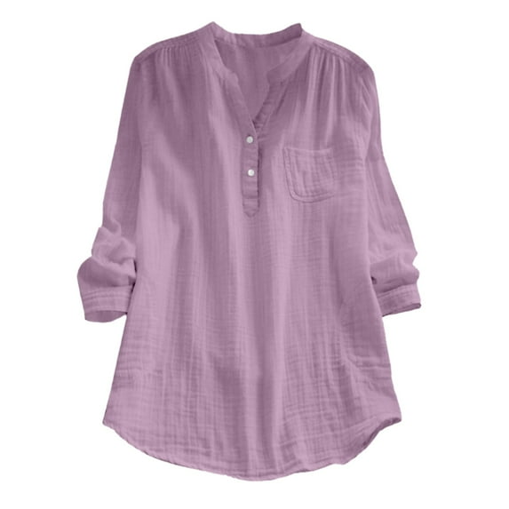 Delayuji Women's Pocket Solid Color V Neck Cotton Long Sleeved Loose Casual Shirt Purple S Nylon,Spandex Short Sleeve Shirts for Women