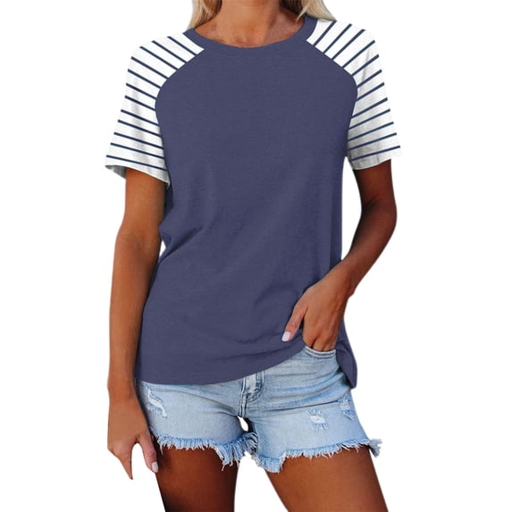 Delayuji Women's Round Neck Patchwork Striped Color Block Loose Casual Short Sleeved T Shirt Blue S Polyester,Spandex Short Sleeve Shirts for Women