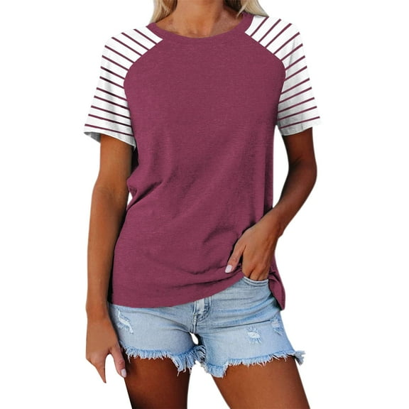 Delayuji Women's Round Neck Patchwork Striped Color Block Loose Casual Short Sleeved T Shirt Red M Polyester,Spandex Short Sleeve Shirts for Women