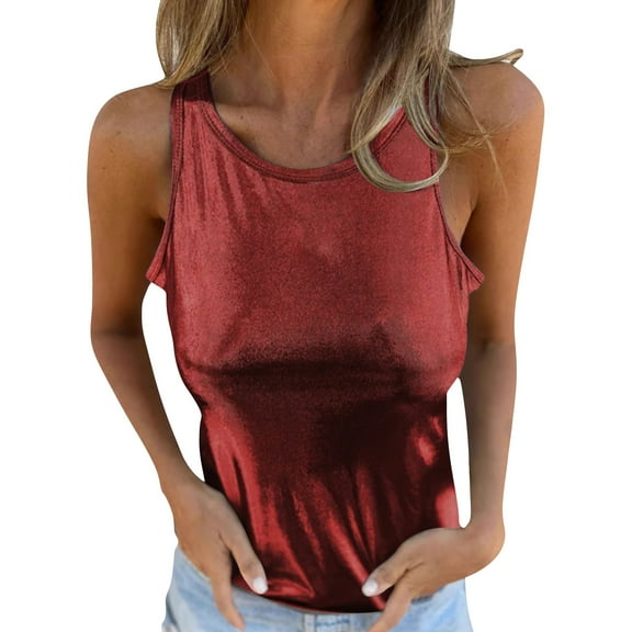 Delayuji Women's Round Neck Sleeveless Casual Vest Women's Slim Fit Street Style Solid Color Shiny Cool Sleeveless Vest Red M Blended Fabric Spring Tops for Women