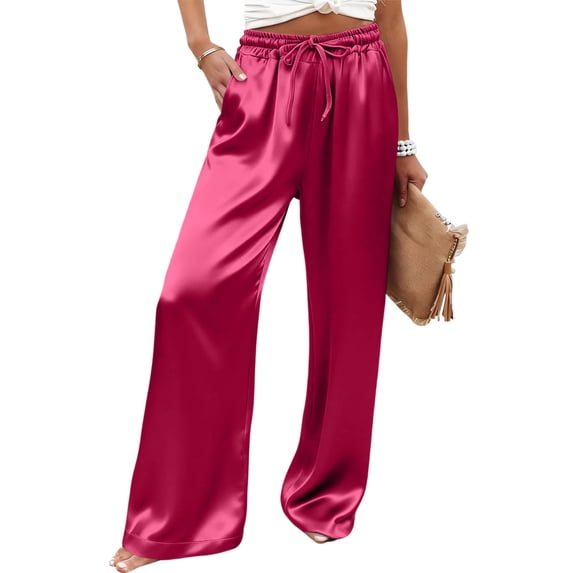 Delayuji Women's Satin Wide Leg Pants Fashion Casual Solid Color Elastic Waist Drawstring Pant Trousers Lightweight Palazzo Beach Vacation Clothes Work Wear Loungewear