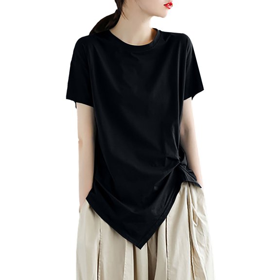 Delayuji Women's Sense of Design T Shirts Short Sleeve Solid Tops Casual Summer Tees Black L Polyester,Spandex Short Sleeve Shirts for Women