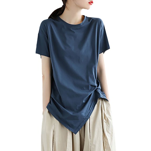 Delayuji Women's Sense of Design T Shirts Short Sleeve Solid Tops Casual Summer Tees Blue L Polyester,Spandex Short Sleeve Shirts for Women