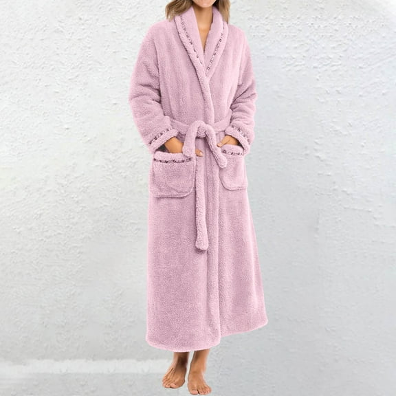 Delayuji Women's Shawl Flannel Robe Fuzzy Fleece Nightgown Plush Loungewear Bathrobe With Pockets Warm Winter Long Bath Robe