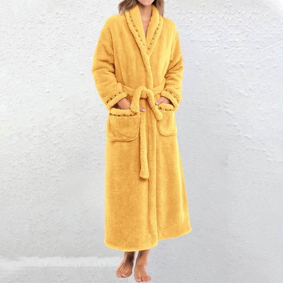 Delayuji Women's Shawl Flannel Robe Fuzzy Fleece Nightgown Plush Loungewear Bathrobe With Pockets Warm Winter Long Bath Robe