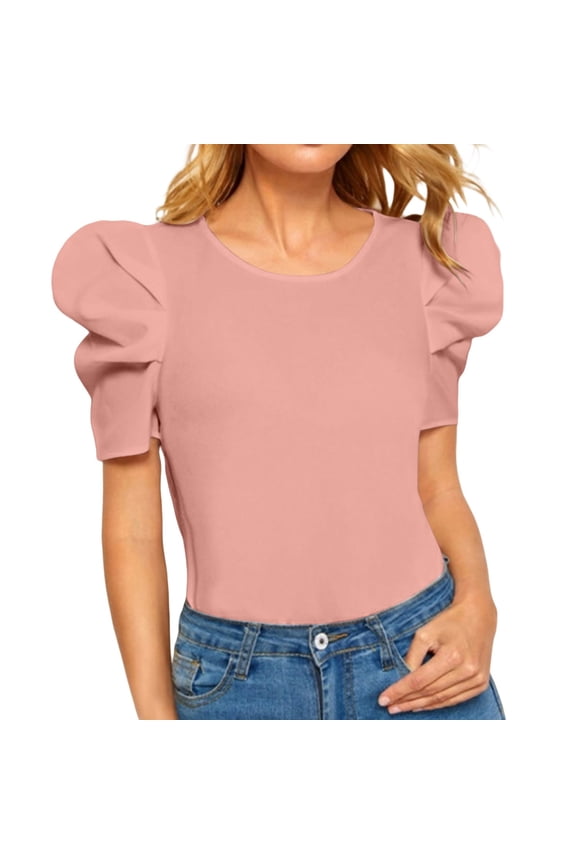 Women's Short Puff Sleeve Women's Round Neck Short Puff Sleeve Blouse Tops Womens Tops Summer Puff Sleeve Tshirts Pink Xs Nylon,Spandex Short Sleeve Shirts for Women