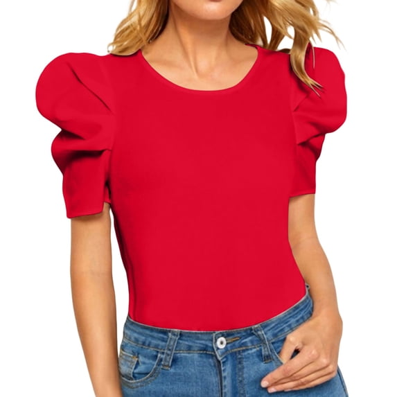 Delayuji Women's Short Puff Sleeve Women's Round Neck Short Puff Sleeve Blouse Tops Womens Tops Summer Puff Sleeve Tshirts Red Xl Nylon,Spandex Short Sleeve Shirts for Women