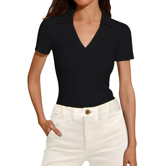Delayuji Women's Short Sleeved Business Casual Top V Neck Work Shirt Top Black L Polyester,Spandex Short Sleeve Shirts for Women