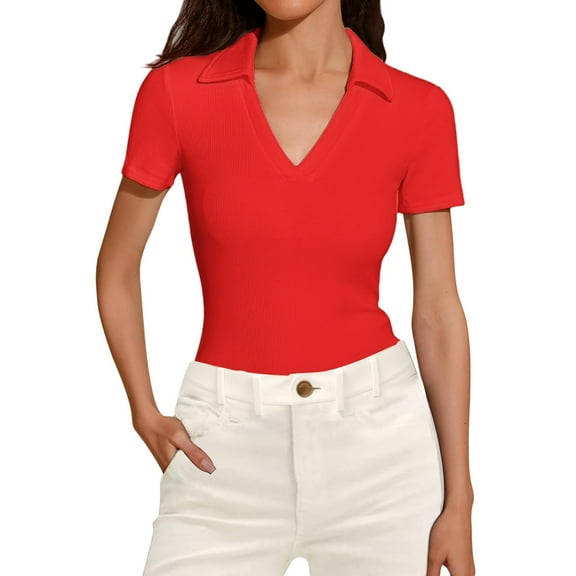 Delayuji Women's Short Sleeved Business Casual Top V Neck Work Shirt Top Red S Polyester,Spandex Short Sleeve Shirts for Women