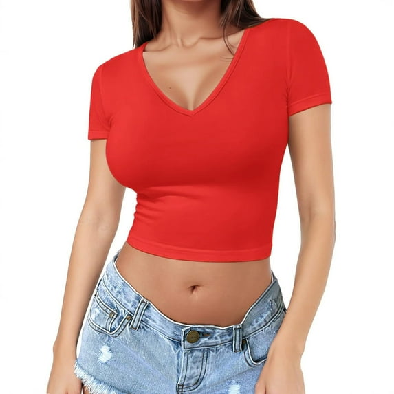 Delayuji Women's Soft Workout Slim Casual Short Sleeved V Neck Crop Top Red L Polyester,Spandex Short Sleeve Shirts for Women
