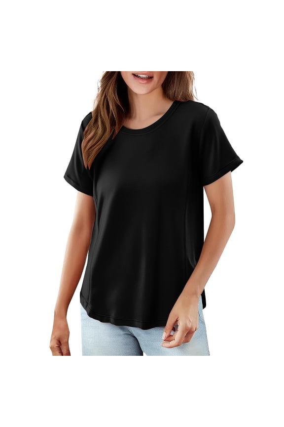 Women's Solid Color T Shirt Round Neck Short Sleeved Top Large Size Loose Elastic Pure Cotton Base Shirt Black Xxxl Cotton Short Sleeve Shirts for Women