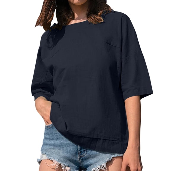 Delayuji Women's Spring 3/4 Sleeve Linen Shirts Casual Crewneck Solid Color Tunic Tops Loose Fit Plus Size Vacation Blouses Blue Xl Amboo Hemp Short Sleeve Shirts for Women