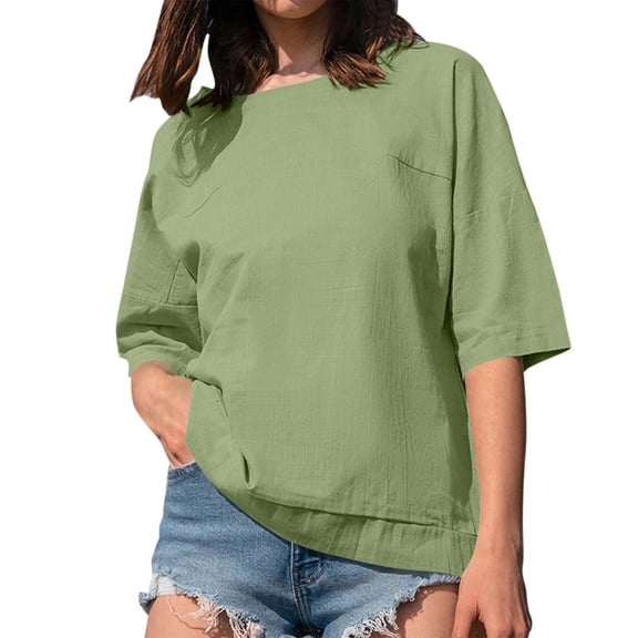 Delayuji Women's Spring 3/4 Sleeve Linen Shirts Casual Crewneck Solid Color Tunic Tops Loose Fit Plus Size Vacation Blouses Green Xxxl Amboo Hemp Short Sleeve Shirts for Women