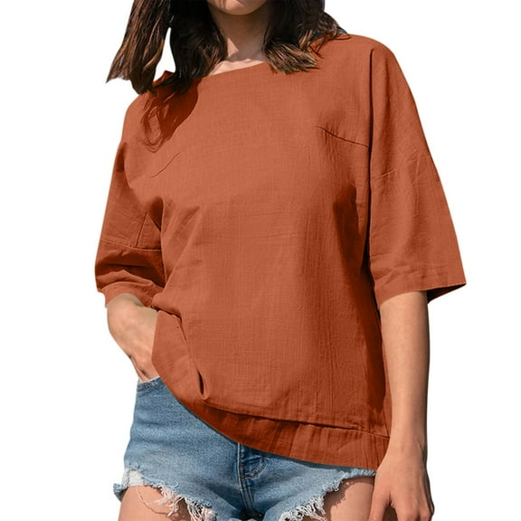 Delayuji Women's Spring 3/4 Sleeve Linen Shirts Casual Crewneck Solid Color Tunic Tops Loose Fit Plus Size Vacation Blouses Orange Xxxxxl Amboo Hemp Short Sleeve Shirts for Women