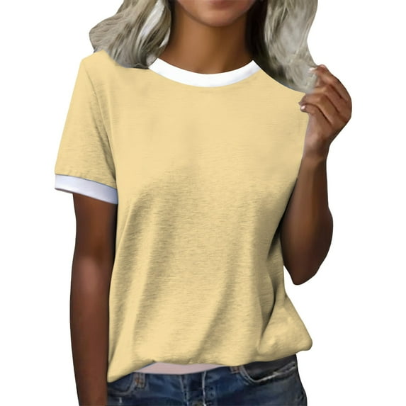 Delayuji Women's Spring Round Neck Color Blocked Loose Casual Short Sleeve T Shirt Yellow Xl Polyester,Spandex Short Sleeve Shirts for Women